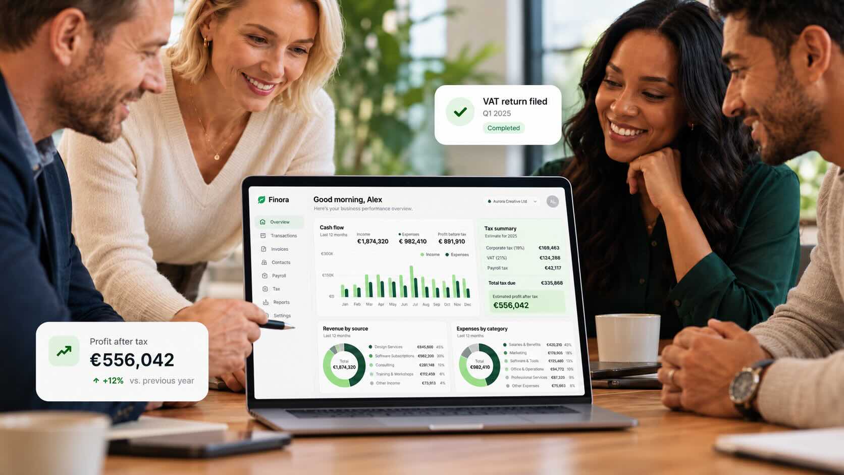 TaxFast – Team schaut gemeinsam auf das Buchhaltungs-Dashboard